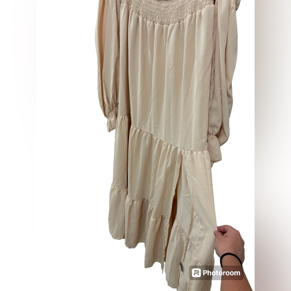 Beige Off Shoulder Long Sleeve Boho Peasant Dress - Picture 5 of 7